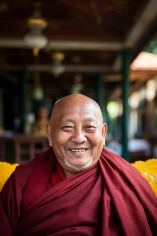 A chubby and kind-hearted old monk, very knowledgeable and wise, in a close-up photo during the day at the temple. --style raw --v 5.2