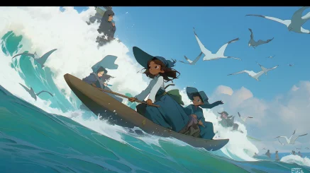 The turbulent sea, blue sky, white clouds, clear weather, waves, scenery, 2D, comics, cartoons, Chinese style, Best quality, UHD, 16K, high resolution, Tales from Earthsea, Spirited Away, Moe anime style, Kawaii anime style, Little Witch Academia, Best quality, UHD, 16K, high resolution, Tales from Earthsea, Spirited Away, Moe anime style, Kawaii anime style, Little Witch Academia, River, beach background::7 --no äººç© --ar 16:9 --style expressive --niji 5