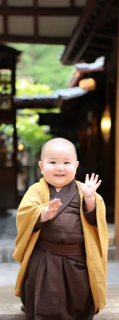 A chubby and adorable female monk, a child, very cute and healing, a half-body photo. --style raw --v 5.2