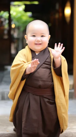 A chubby and adorable female monk, a child, very cute and healing, a half-body photo. --ar 9:16 --style raw --v 5.2