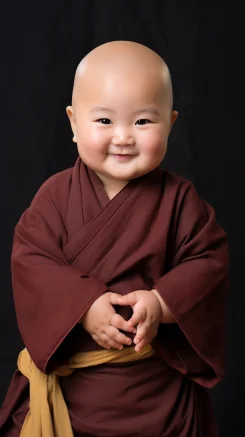 A chubby and adorable little monk, a toddler, very cute and healing, a half-body photo. --ar 9:16 --style raw --v 5.2