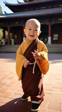 Little monk, temple, toddlers, cute, Disney style, sunshine. --ar 9:16 --style raw --v 5.2