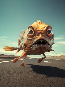 Synthetic Creature: The upper body is that of a fish, while the lower body is that of a human. Action: This creature is running on the road, in an illustrated surrealism style. --ar 3:4 --style raw --v 5.2