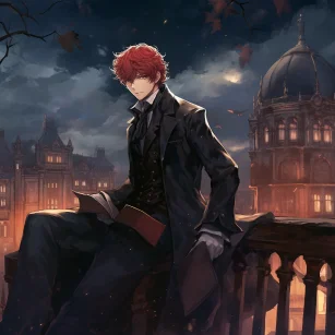 Light novel illustration, red hair and red eyes, male high school student, Victorian era, city, night, product photography, front view, full body, rich details, Haimura Kiyotaka. --ar 1:1 --v 5.2 --style raw