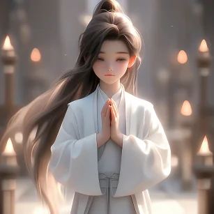 Chinese style, cute boy with long hair, hands folded, front face, wearing a pure white robe, standing on the ground in a sacred posture, light white and light silver styles, classical, carefully designed, 3D, c4d, Hyperdetailed, animated lighting, background fantasy, bokeh, perfect details, FHD --ar 1:1 --niji 5