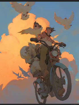 Riding on flying bicycle in sunset Studio Ghibli, by Miyazaki, Sky Flying Animals --s 180 --ar 3:4 --style expressive --niji 5