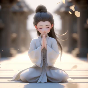 Chinese style, cute boy praying, long hair, hands clasped, front face, wearing a pure white robe, standing on the ground in a sacred posture, light white and light silver styles, classical, carefully designed, 3D, c4d, Hyperdetailed, animated lighting, bokeh, perfect details, FHD c 2-ar 1:1-niji 5