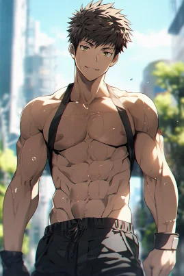 Frontal view, medium full shot, a 25 years old young handsome male, crew cut, smiling face, trim physique, athletic build, pectorals and abdominals, topless, no shirts, putting both hands by sides, bright day, city background, Makoto Shinkai, in the style of 2D Japanese Anime, beautiful cinematic lighting, Official Art, Pixiv Fanbox, Digital Art, Epic Portraiture, Ultra Detailed, 32K Resolution, Vibrant Colors, Vivid Colors, Bright Colors, Masterpiece, Best Quality, Post Processing. --ar 2:3 --s 90 --style original --niji 5