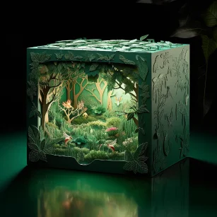 In this magical forest, a cubic packaging box reveals its magic. The box is made of rich emerald green paper, as if it comes from nature itself. The paper is adorned with lifelike trees, tall and lush, seemingly hiding countless secrets. Every side of the box is filled with vibrant details: on one side, you can see soft clouds dancing between the treetops; on another side, colorful flowers and enchanting butterflies are presented; yet another side depicts cheerful little animals frolicking on the grass. When you open the box, you will be drawn to a miniature forest, with its lush trees, flowing streams, and fresh air right before your eyes. This packaging box not only provides protection for your belongings, but also pays tribute to nature and invites exploration. --ar 1:1 --style raw --v 5.2 --s 50