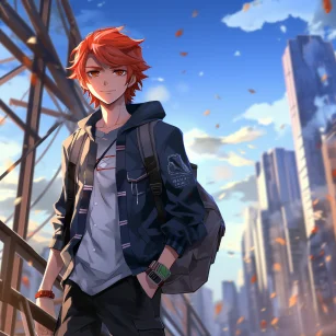 Handsome, male high school student, Victoria, anime, city, red hair, red eyes, front view, product photography, full body, rich details, noon, 8k. --ar 1:1 --style raw --v 5.2 --s 50