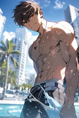 Frontal view, medium full shot, a 25 years old young handsome male, crew cut, perfect face, trim physique, athletic build, pectorals and abdominals, topless, no shirts, without shirts, none shirts, putting both hands by sides, bright day, city background, Makoto Shinkai, in the style of 2D Japanese Anime, beautiful cinematic lighting, Official Art, Pixiv Fanbox, Digital Art, Epic Portraiture, Ultra Detailed, 32K Resolution, Vibrant Colors, Vivid Colors, Bright Colors, Masterpiece, Best Quality, Post Processing. --ar 2:3 --style original --niji 5