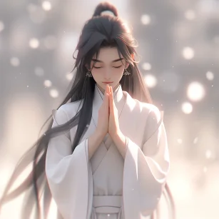 Chinese style, cute boy praying, long hair, hands folded, side face, wearing a pure white robe standing on the ground in a sacred posture, light white and light silver styles, classical, carefully designed, 3D, c4d, Hyperdetailed, animated lighting, bokeh, perfectdetails, FHD --c 2 --ar 1:1 --niji 5