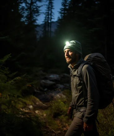 A hiker walks in the forest, wearing a headlamp and looking ahead. --style raw --v 5.2 --s 250