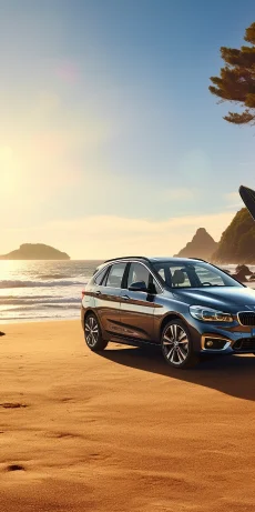 a BMW 218 active tourer at the beach --c 8 --ar 1:2 --style raw --v 5.2