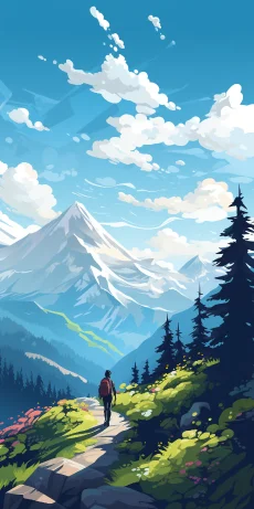 An adventurer walks between a sunny valley with blue skies and white clouds. There is some white snow on the mountaintop and a dense forest. The illustration style is picturesque. --ar 1:2 --style raw --v 5.2