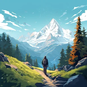 An adventurer walks between a valley with sunshine and blue sky, with some white snow on the mountaintop and dense forests. The illustration style is depicted. --ar 1:1 --v 5.2 --style raw