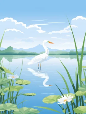 Egret, reed thicket, lotus leaf, mountain, water, flower, mist, blue sky, white clouds, hand-drawn illustration, flat design, Spirited Away, Ponyo. --ar 3:4 --style raw --v 5.2