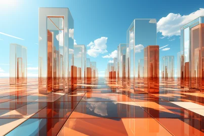 abstract background on an orange and red background, in the style of rendered in cinema4d, mirror rooms, light sky-blue and light red, uhd image, transparent translucent medium, light white and sky-blue, unreal engine 5 --ar 3:2 --style raw --v 5.2 --s 750