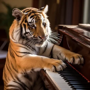 Playing the piano, tiger. --ar 1:1 --style raw --v 5.2