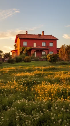 In the vast fields, there is a stunning red house. It stands on a lush green lawn, surrounded by delicate flowers and thriving trees. The house soars into the sky, with a vibrant red exterior that seems to shimmer like flames in the sunlight. Its roof is covered with red tiles, each reflecting a faint golden light, like stars scattered in the night sky. In front of the house, there is a spacious porch with a string of red wind chimes hanging above, creating a pleasant sound when the breeze blows. Through the windows of the house, one can see a beautifully decorated interior, filled with vibrant colors and a warm, lively atmosphere. This red house seems to have stepped out of a fairy tale, making one imagine the magical world and endless possibilities it holds. --ar 9:16 --style raw --v 5.2