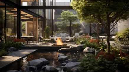 An outdoor courtyard measuring 80 square meters, with sunny weather. There is an aluminum pavilion, a rockery, a barbecue area, and a gathering scene around a fireplace. There are water features, flowers, and plants. --ar 16:9 --style raw --v 5.2