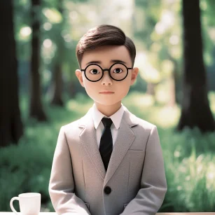 Photographs from Disney Pixar Studios, featuring a boy dressed in a dark suit with a distinct facial structure. He embodies the Disney style, with a handsome appearance, big eyes, and glasses. The photos are taken against a white background, showcasing Pixar-level ultra-detail and a clay-like texture. The images also feature reflective and transparent rainbow colors, with a soft vintage tone. The models are displayed with delicate gloss, against a clean background. The photographs are rendered in 3D, using software such as Octane and Blender, resulting in the highest quality visuals. --ar 1:1 --style raw --v 5.2