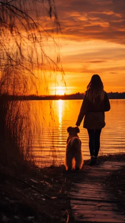 Under the sunset, a girl walks by the lake with a small dog. --ar 9:16 --style raw --v 5.2