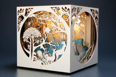 This product box is a true visual feast, featuring three-dimensional multi-layer paper carvings. When you see it for the first time, you will be captivated by its exquisite details. On the outside, it is made of high-quality cardboard and covered with paper with a soft silk texture. When you open the box, you enter a completely different world. Each level has unique design elements, as if it were a miniature fantasy landscape. The first floor may show a charming garden with flowers in full bloom and butterflies flying. The second level might be a busy city street with skyscrapers springing up and people rushing through. The third level may be a mysterious forest filled with huge trees and magical creatures. Each layer has a variety of detailed paper carvings, which create a stunning three-dimensional effect through layering and cutting techniques. You can see tiny details such as the texture of leaves, the Windows and doors of buildings, and the color and shape of flowers. This box is not only to protect the product, but also to bring a pleasant experience to the consumer. It will make you feel the charm of art and creativity while conveying attention to detail and refinement. No matter where you place it, this packaging box will become an unforgettable ornament to immerse people in the surprise and beauty it displays --ar 3:2 --style raw --v 5.2 --s 50