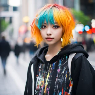 On the streets of Japan, there is a girl named Yoji Yamamoto who represents future technology. She has short, colorful hair and a cute little mouth. She often wears a hoodie and has fair skin. --ar 1:1 --style raw --v 5.2