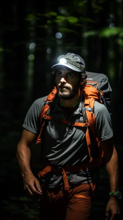 A hiker walks in the forest, wearing a headlamp and looking ahead. --ar 9:16 --style raw --v 5.2