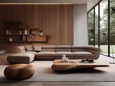 Create an exquisite wooden sculpture, embedded on the armrest of the sofa, to enhance the overall appearance and add a sense of value. The sofa is made of genuine leather, with plump seat cushions and backrest. Personalized ottomans and a coffee table are placed nearby. Minimal interior design. --ar 4:3 --style raw --v 5.2