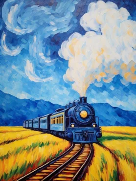 Van Gogh style, a painting depicting a steam train running through a red wheat field, showcasing an expressionist emotional style, with deep sky blue and yellow colors. It is a nostalgic artwork that combines elements from both the East and the West, with a whistling-like effect. It is a large canvas painting in sky blue and white. --iw 2 --ar 3:4 --style raw --v 5.2