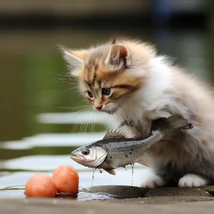 Kitten eating fish --ar 1:1 --style raw --v 5.2