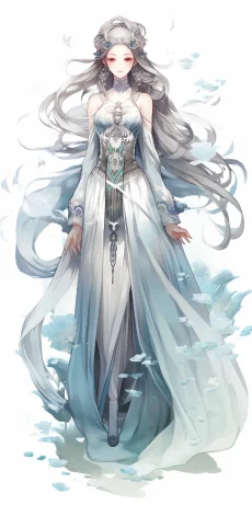 Chinese anime character, with a soft silver and light blue style, a beautiful woman named Yexin, featuring ancient aesthetics, a white color scheme, full body, and an anime style. --ar 1:2 --style raw --v 5.2