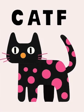 pink polka dot cat cat design by art & word, in the style of dark pink and black, children's book illustrations, playful use of shapes, playful visual puzzles, bold lettering, caffenol developing, simple, colorful illustrations --iw 2 --ar 3:4 --niji 5