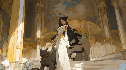 A girl with long black hair, tall and curvaceous, wearing a golden crown, strolls in the grand hall of the palace. Anime wallpaper captures the hyper-realistic urban style, whimsical beauty, soft brushstroke realism, flat yet expressive, lifelike paintings, strong physical presence, and gentle edge effects. The aspect ratio is 1:1, size is 400, and the blur level is set at 5. --s 400 --ar 16:9 --style expressive --niji 5