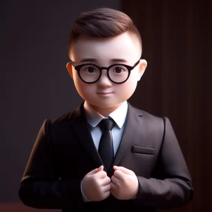 Photography works from Disney Pixar Studios, featuring a boy in a dark suit with a Disney-style appearance. He has a round face and is an adorable chubby boy. The background is white, and he has big eyes, wears glasses, and has no wrinkles. The photographs are of Pixar-level ultra-detail, with a clay-like texture, reflective transparent rainbow colors, and a soft vintage tone. The models are displayed with delicate gloss on a clean background. The images are rendered in 3D using software such as Octane and Blender, resulting in the best quality. --ar 1:1 --style raw --v 5.2