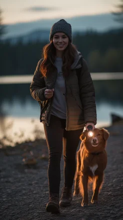 A woman is holding a flashlight in her hand, shining it on the ground as she walks. She is accompanied by a dog, and they are taking a walk by the lake. --ar 9:16 --style raw --v 5.2