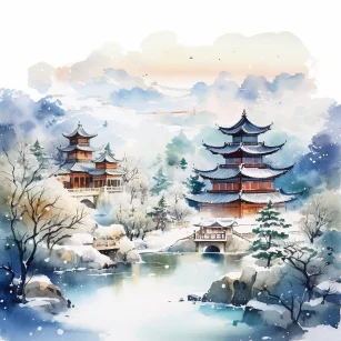 Watercolor texture. Masterpiece. Exquisite details. Snowy landscape, traditional ancient Chinese palace architecture, numerous ancient Chinese traditional dwellings, distant view, beautiful distant mountains, white moon behind the mountains, river. --ar 1:1 --style raw --v 5.2