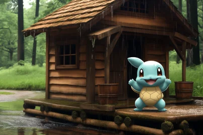 A wooden house is in the forest, besides there’s a Squirtle spraying water --ar 3:2 --style raw --v 5.2