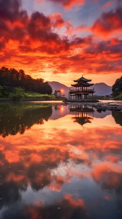 The end of summer has arrived, and the evening sky is filled with orange-red sunset clouds. The distant mountain peaks appear as if they are shadows, with white cranes flying above them. There is a pavilion by the tea plantation, surrounded by tea leaves. The clouds encircle the pavilion, creating a scene that resembles a fairyland. The image is in high definition 4K with a resolution of 150. --ar 9:16 --style raw --v 5.2