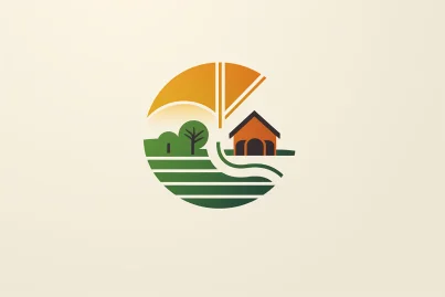 Rural creative logo design, simple and interesting, showcasing a small house and village with positive and negative shapes, as well as elements of farmland. Emphasizing the use of lines. Resolution of 300, with a clear 4k quality. --ar 3:2 --v 5.2 --style raw --s 50