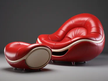 Modeled after a pomegranate, make a sofa single chair with smooth lines and a lot of fullness, with a footrest, a toupee --ar 4:3 --style raw --v 5.2