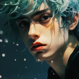 A male character with amber eyes and blue hair, detailed atmospheric portrait in style, sparkling water reflections, ultra detailed illustrations, wandering eyes, Fuji film Eterna Vivid 500T, aqua green and polished copper, intense close-up --ar 1:1 --style raw --v 5.2