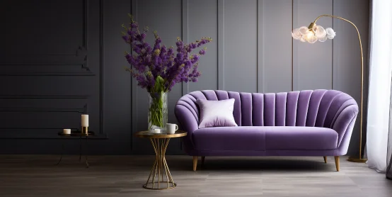 Taking trumpet flowers as the prototype, create a single-person sofa with strong lines and smoothness. The color tone is purple, exuding a sense of luxury and fullness. --style raw --v 5.2