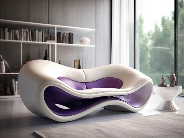 Make a single-person sofa in the shape of a trumpet, with a comfortable sitting experience, Italian minimalist style, predominantly white and purple tones, with clear and smooth lines. --ar 4:3 --style raw --v 5.2