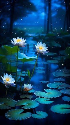 As the end of summer approaches, the nights grow longer. The dark blue waters shimmer under the starlight. The sounds of cicadas and frogs blend together, creating a symphony. The cool breeze carries the refreshing scent of lotus flowers. --ar 9:16 --style raw --v 5.2