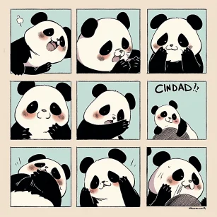 cute panda picchi illustration featuring panda faces, in the style of expressive comic panels, rudy siswanto, loose gestures, grid formations, furaffinity, fernando amorsolo, comic strip-esque --ar 1:1 --style cute --niji 5 --s 50