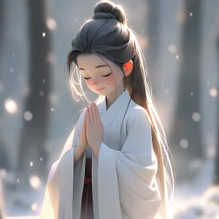 Chinese style, cute boy praying, long hair, hands folded, front face, wearing a pure white robe, standing on the ground in a sacred position, light white and light silver styles, classical, carefully designed, 3D, c4d, Hyperdetailed, animated lighting, bokeh, perfectdetails, FHD --s 115 --c 5 --ar 1:1 --niji 5