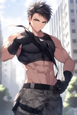 Frontal view, medium full shot, a 25 years old young male soldier, crew cut, handsome face, trim physique, athletic build, pectorals and abdominals, wearing black gloves, topless, no shirts, without shirts, none shirts, putting both hands by sides, bright day, city background, Makoto Shinkai, in the style of 2D Japanese Anime, beautiful cinematic lighting, Official Art, Pixiv Fanbox, Digital Art, Epic Portraiture, Ultra Detailed, 32K Resolution, Vibrant Colors, Vivid Colors, Bright Colors, Masterpiece, Best Quality, Post Processing. --s 110 --ar 2:3 --style original --niji 5